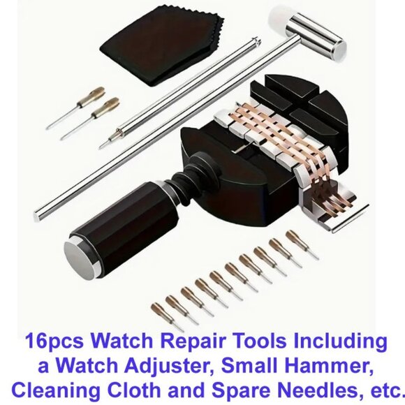 Watch Repair Tools Including a Watch Adjuster, Small Hammer, Cleaning Cloth - Picture 1 of 3